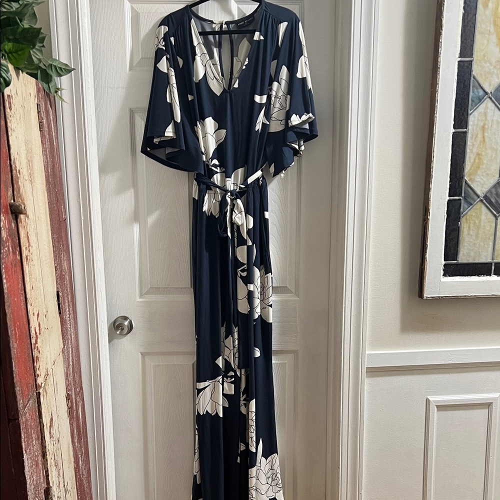 Lane Bryant Navy and White Floral Short Sleeve Jumpsuit (worn once)